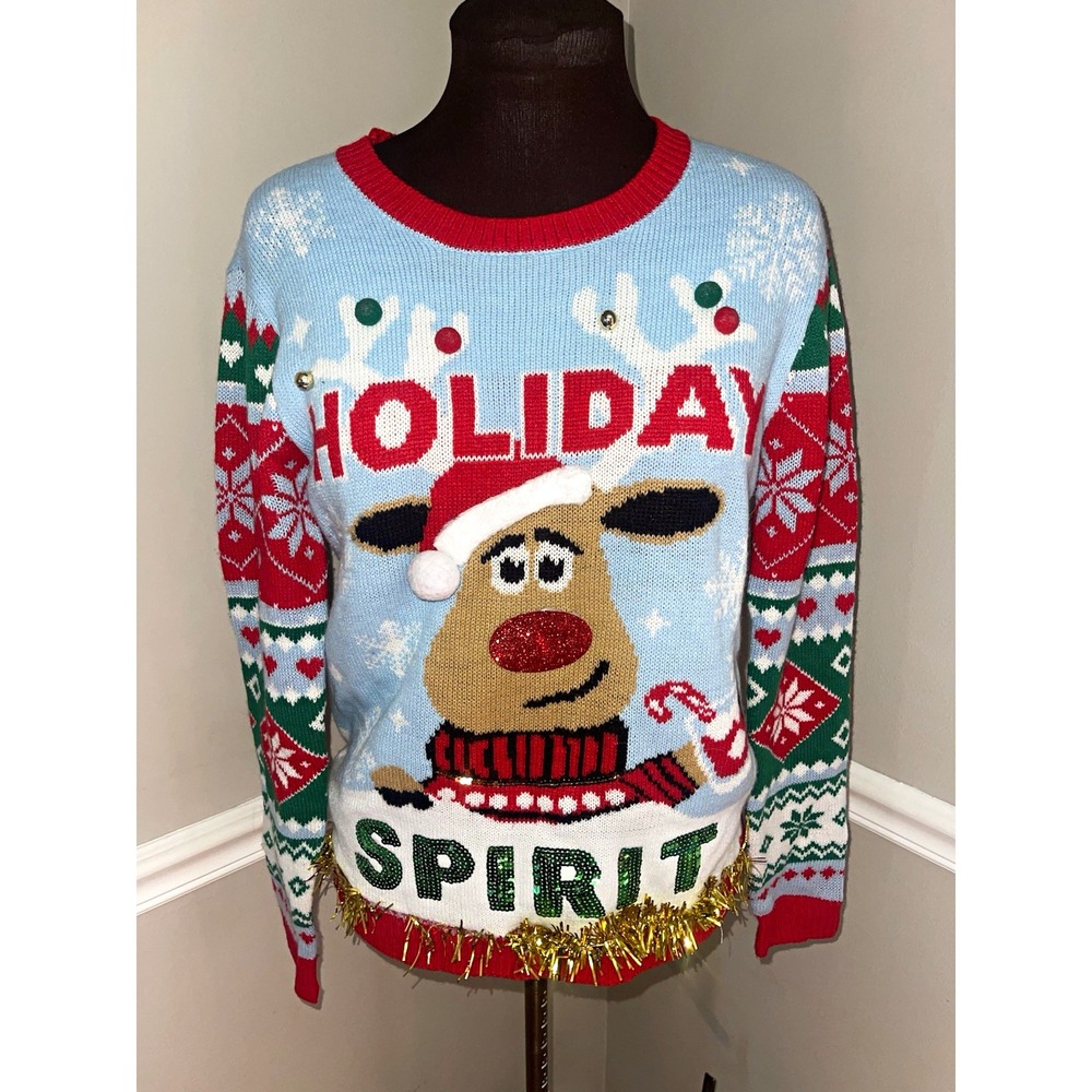 Women's Christmas Reindeer Fair Isle Knit Sweater M Crew Neck Pullover Glitter
